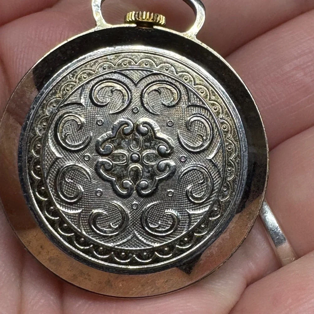 Vintage Barkley Swiss Made Pocket Watch Linen Dial Embossed Scroll Back